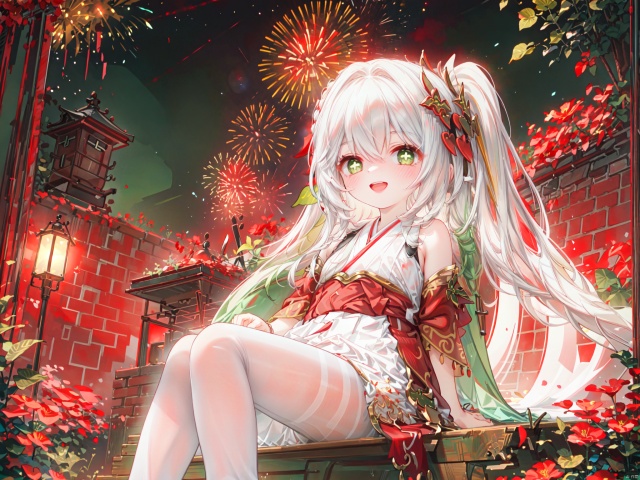  1girl, aerial_fireworks, aurora, bare_tree, city_lights, constellation, covering, covering_crotch, crescent_moon, dust, earth_\(planet\), fireflies, fireworks, full_moon, galaxy, lamppost, light_particles, long_hair, looking_at_viewer, milky_way, moon, moonlight, night, night_sky, onsen, outdoors, pine_tree, planet, shooting_star, sitting, sky, snow, snowing, solo, space, star_\(sky\), star_\(symbol\), starry_background, starry_sky, starry_sky_print, tanabata, tanzaku, tree, v_arms, window, winter, green eyes,(red hanfu:1.4),The dazzling starry sky,(Beautiful Fireworks:1.3),open mouth,A happy smile,Look at the sky,(New Year Style),(White pantyhose),(red dress)
