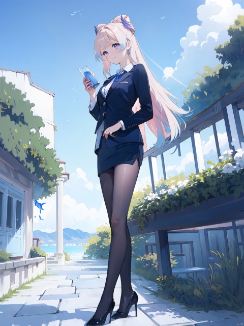  Fisheye perspective, looking from bottom to top, face looking towards the viewer,,1gril, smile,business attire, black suit jacket, white collared shirt, short skirt, pantyhose, high heels, serious expression, outdoor, blue sky and white clouds, trees, plants, high definition, 8k resolution, complex background, light makeup, Shoulder-length straight hair, minimalist jewelry, neat lines and clear details, and a powerful posture, showing a strong aura., hand101, tutututu,black_pantyhose, long hair,very long hair,purple eyes,Sangonomiya Kokomi