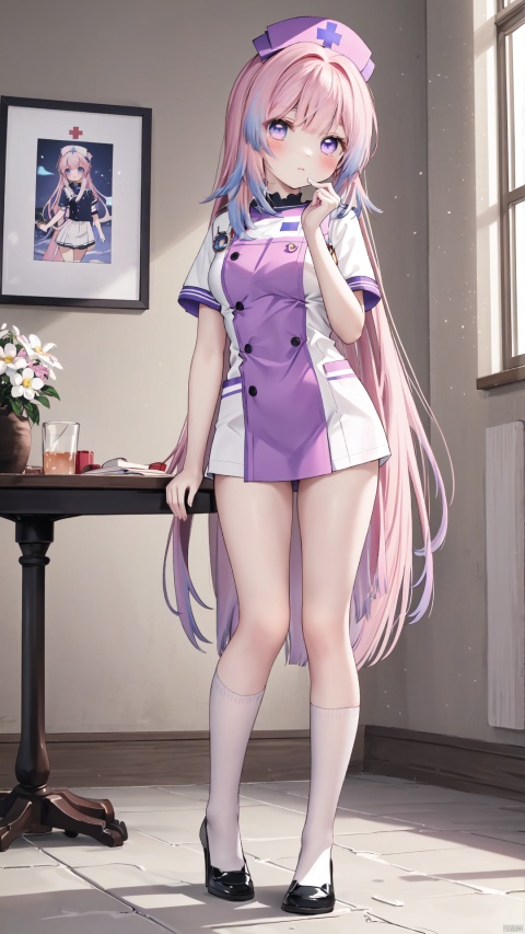  Masterpiece,CG,best,masterpiece,high definition display,1girl,solo, long hair,indoors,full body,looking at viewer,Pink long hair,Hair tips are slightly blue,Beautiful purple eyes,
blush,lace,sssr,Anime,Nurse uniform,Standing sideways at the table,One hand behind you,Cover your mouth with one hand
