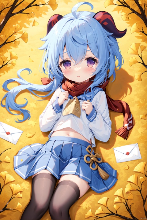  masterpiece,best quality,loli,1girl, solo, school uniform, skirt, scarf, lying, serafuku, on back, long sleeves, autumn, blue skirt, looking at viewer, sailor collar, bow, long hair, tears, autumn leaves, bangs, blue sailor collar, shirt, parted lips, pleated skirt, white shirt, envelope, ahoge, blurry, red scarf, crying, leaf, letter, crying with eyes open, yellow bow, outdoors, bowtie, ginkgo leaf, from above, tearing up, blush,navel
ganyu genshin impact,blue hair,purple eyes,black stockings