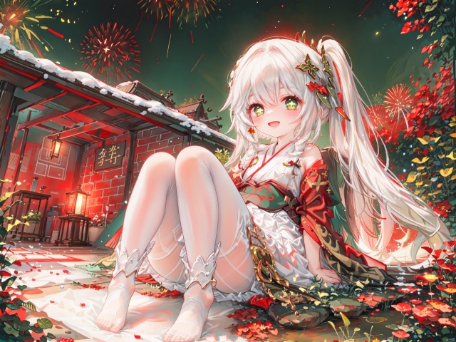  1girl, aerial_fireworks, aurora, bare_tree, city_lights, constellation, covering, covering_crotch, crescent_moon, dust, earth_\(planet\), fireflies, fireworks, full_moon, galaxy, lamppost, light_particles, long_hair, looking_at_viewer, milky_way, moon, moonlight, night, night_sky, onsen, outdoors, pine_tree, planet, shooting_star, sitting, sky, snow, snowing, solo, space, star_\(sky\), star_\(symbol\), starry_background, starry_sky, starry_sky_print, tanabata, tanzaku, tree, v_arms, window, winter, green eyes,(red hanfu:1.4),The dazzling starry sky,(Beautiful Fireworks:1.3),open mouth,A happy smile,Look at the sky,(New Year Style),(White pantyhose),(red dress)