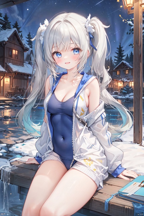  1girl, aerial_fireworks, aurora, bare_tree, city_lights, constellation, covering, covering_crotch, crescent_moon, dust, earth_\(planet\), fireflies, fireworks, full_moon, galaxy, lamppost, light_particles, long_hair, looking_at_viewer, milky_way, moon, moonlight, night, night_sky, onsen, outdoors, pine_tree, planet, shooting_star, sitting, sky, snow, snowing, solo, space, star_\(sky\), star_\(symbol\), starry_background, starry_sky, starry_sky_print, tanabata, tanzaku, tree, v_arms, window, winter, blue eyes,open mouth,A happy smile,(tracksuit:1.2),clavicle,navel,Cleavage of breast,Expose shoulders