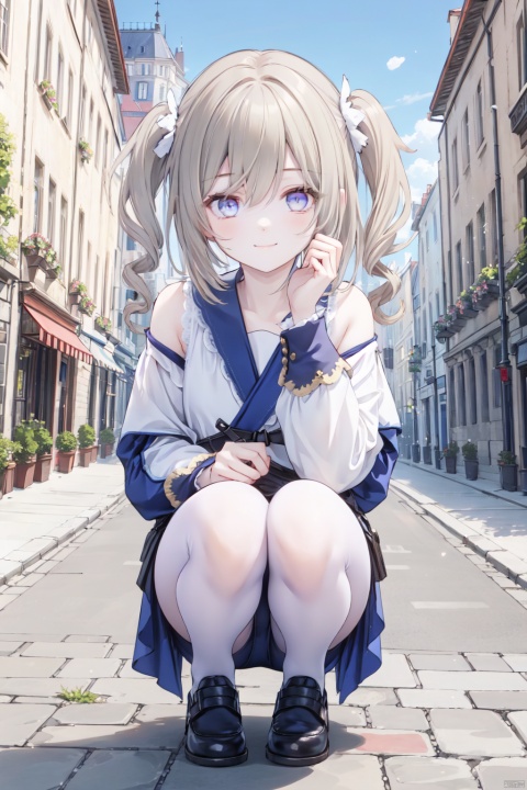  1girl, solo, masterpiece, best quality, 8k,high detailed,beautiful face, young girl, detailed eyes,Perfect picture quality

shoushou,yellow hair,(blue eyes:1.2)，full body,Wearing white stockings,A happy smile


On the streets of medieval European cities,
(Squatting on the ground:1.0)