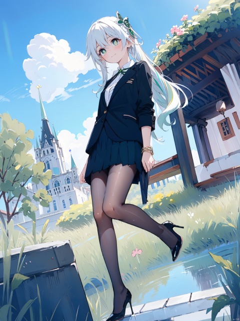  Fisheye perspective, looking from bottom to top, face looking towards the viewer,,1gril, smile,business attire, black suit jacket, white collared shirt, short skirt, pantyhose, high heels, serious expression, outdoor, blue sky and white clouds, trees, plants, high definition, 8k resolution, complex background, light makeup, Shoulder-length straight hair, minimalist jewelry, neat lines and clear details, and a powerful posture, showing a strong aura., hand101, tutututu,black_pantyhose, long hair,nahida,very long hair,green eyes,(Clover shaped pupils),white hair
