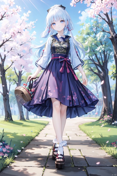  1girl, solo, masterpiece, best quality, 8k,high detailed,beautiful face, young girl, detailed eyes,Perfect picture quality

shoushou,white hair,(blue eyes:1.0)，full body,A happy smile,(long hair:1.2)

Cherry Blossom Grove,Forest path,Bright Sunshine,A Clear Sky,(White socks:1.0),clogs