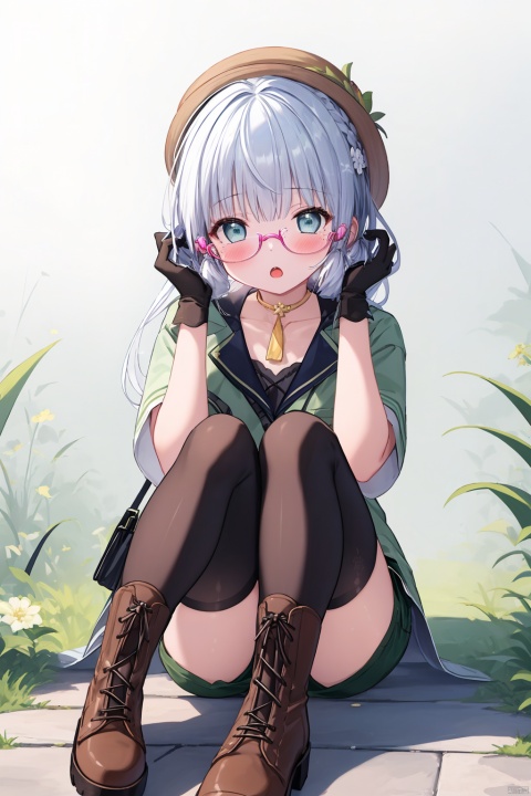  (masterpiece), (best quality), illustration, ultra detailed, hdr, Depth of field, (colorful), loli, 1girl, solo, boots, shorts, hat, thighhighs, brown footwear, long hair, gloves, cross-laced footwear, short sleeves, open mouth, shiny, white hair, looking at viewer, shiny hair, blush, bangs, collarbone, single thighhigh, semi-rimless eyewear, thigh strap, knee boots, lace-up boots, hands on headwear, under-rim eyewear, hands up, shiny skin, blue eyes, green shorts, knees up, black thighhighs, full body, pocket, thighs, jacket, black-framed eyewear, green jacket, short shorts, simple background, green headwear, sitting, artist name, :o, bag, adjusting headwear, convenient leg, buttons