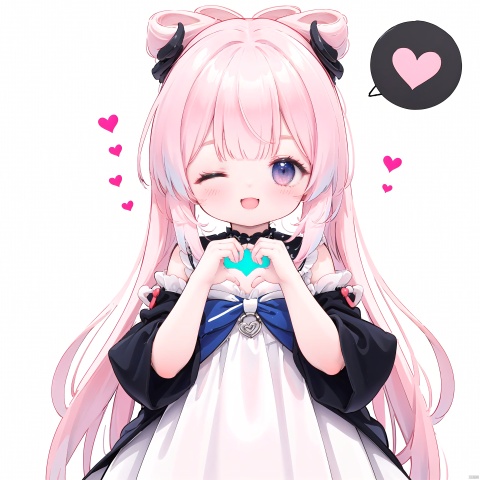  best quality,1girl, ahoge, bangs, blush, heart, heart background, smile, solo, spoken heart, virtual youtuber, (((white background,simple background:1.25))),

((one eyes closed)),(pink dress:1.2),(Hands to heart ratio:1.25)