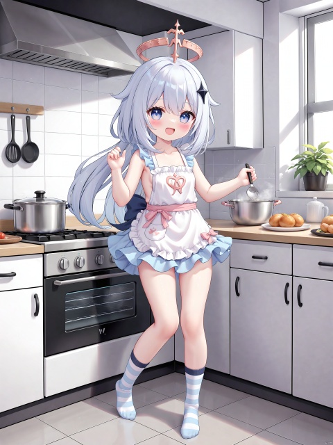  1girl, \:d, kanade,1girl, solo, looking at viewer, bangs,full body, thigh strapstriped socks,(\shen ming shao nv\), PVC,
Bare legs,The kitchen,Cooking,Nude apron,Blush,Panic,(loli;1.3)
Paimon genshin impact,Paimon,
blue eyes,white hair,