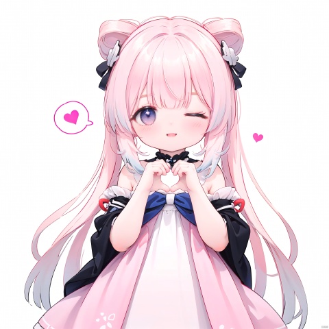  best quality,1girl, ahoge, bangs, blush, heart, heart background, smile, solo, spoken heart, virtual youtuber, (((white background,simple background:1.25))),

((one eyes closed)),(pink dress:1.2),(Hands to heart ratio:1.25)