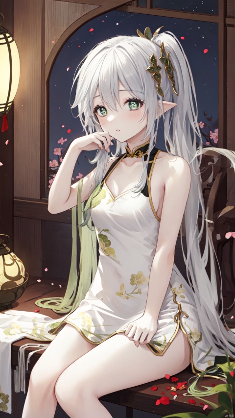  1girl, solo, dress, long hair, china dress, looking at viewer, chinese clothes, sleeveless, between legs, sitting, sleeveless dress, hair ornament, white dress, breasts, hand between legs, thighs, bare arms, pelvic curtain, bare shoulders, side slit, parted lips, hand on own chest, very long hair, petals, bangs, ribbonindoors, red ribbon, print dress, window, night, blush, lantern, hand up, flower knot, medium breasts, lattice, hair between eyes, bare legs, sidelocks, bow, floral print, hair ribbon, collarbone, hanfu