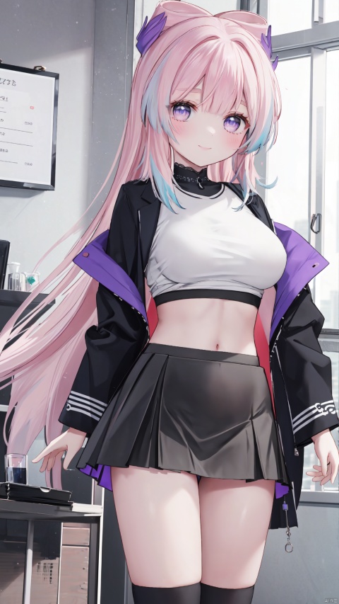  Masterpiece,CG,best,masterpiece,high definition display,1girl,solo, long hair,indoors,full body,looking at viewer,Pink long hair,Hair tips are slightly blue,Beautiful purple eyes,
blush,lace,sssr,Anime,Black hip wrap skirt,In the office,Black suit top,Black hip wrap skirt,White shirt,A gentle smile,(Hip wrap skirt:1.2)