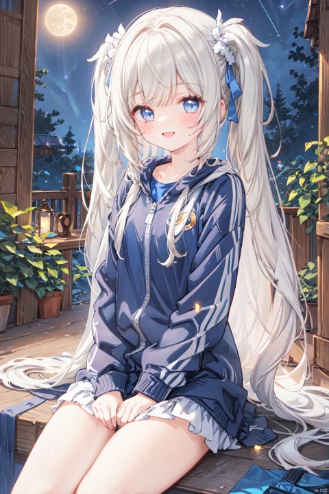  1girl, aerial_fireworks, aurora, bare_tree, city_lights, constellation, covering, covering_crotch, crescent_moon, dust, earth_\(planet\), fireflies, fireworks, full_moon, galaxy, lamppost, light_particles, long_hair, looking_at_viewer, milky_way, moon, moonlight, night, night_sky, onsen, outdoors, pine_tree, planet, shooting_star, sitting, sky, snow, snowing, solo, space, star_\(sky\), star_\(symbol\), starry_background, starry_sky, starry_sky_print, tanabata, tanzaku, tree, v_arms, window, winter, blue eyes,open mouth,A happy smile,(tracksuit:1.2)