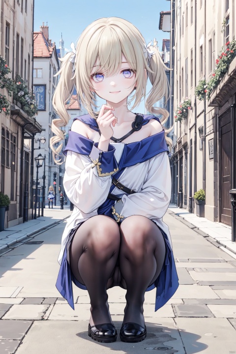  1girl, solo, masterpiece, best quality, 8k,high detailed,beautiful face, young girl, detailed eyes,Perfect picture quality

shoushou,yellow hair,(blue eyes:1.2)，full body,Wearing black stockings,A happy smile


On the streets of medieval European cities,
(Squatting on the ground:1.0),(Facing the audience:1.0)