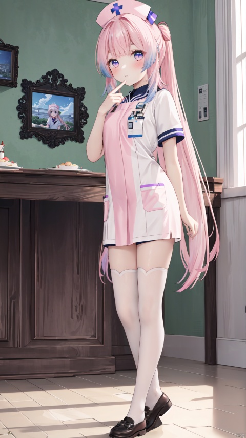 Masterpiece,CG,best,masterpiece,high definition display,1girl,solo, long hair,indoors,full body,looking at viewer,Pink long hair,Hair tips are slightly blue,Beautiful purple eyes,
blush,lace,sssr,Anime,Nurse uniform,Standing sideways at the table,One hand behind you,Cover your mouth with one hand