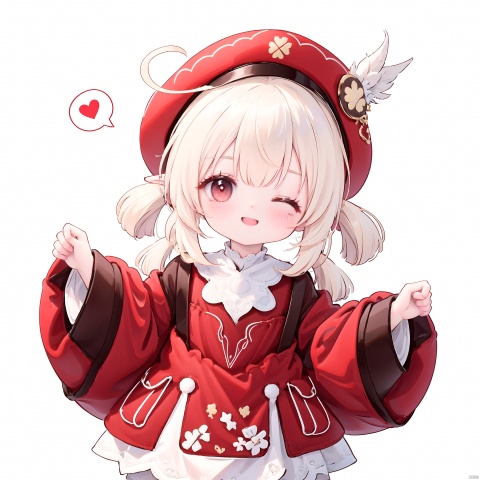  best quality,1girl, ahoge, bangs, blush, heart, heart background, smile, solo, spoken heart, virtual youtuber, (((white background,simple background:1.25))),

(red eyes:1.0),
Wearing a witch hat
((one eyes closed))

