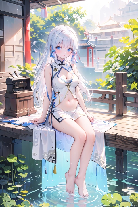  (sunlight, beautiful sky, floating hair, Fisheye lens lens, dynamic angle, distant view, panorama ,overlook,barefoot), ((Ancient_Chinese_architecture)), (short sleeves),Qiu Ying's painting style, And high end color matching, ((A beautiful girl sitting on a bamboo raft in the water, swimming downstream, Huge lotus, rain, (full body), (bright light,fantasy), ((spotted light)),1 girl, ((shy, blush)),white hair,blue eyes,

(Chinese cheongsam:1.2),
clavicle,navel,Cleavage of breast,Expose shoulders