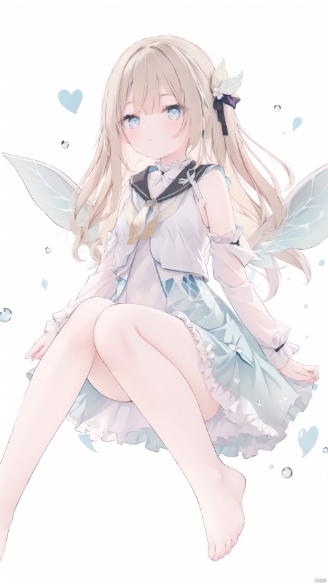  hoshi (snacherubi),1girl, dance, Fairy, crystal, jewels,black, wings,Holy Light,As white as rosy clouds, solo, long hair, blonde hair, simple background, brown hair, hair ornament, white background, dress, bare shoulders, very long hair, full body, flower, wings, barefoot, hair flower, strapless, fairy wings, fairy
