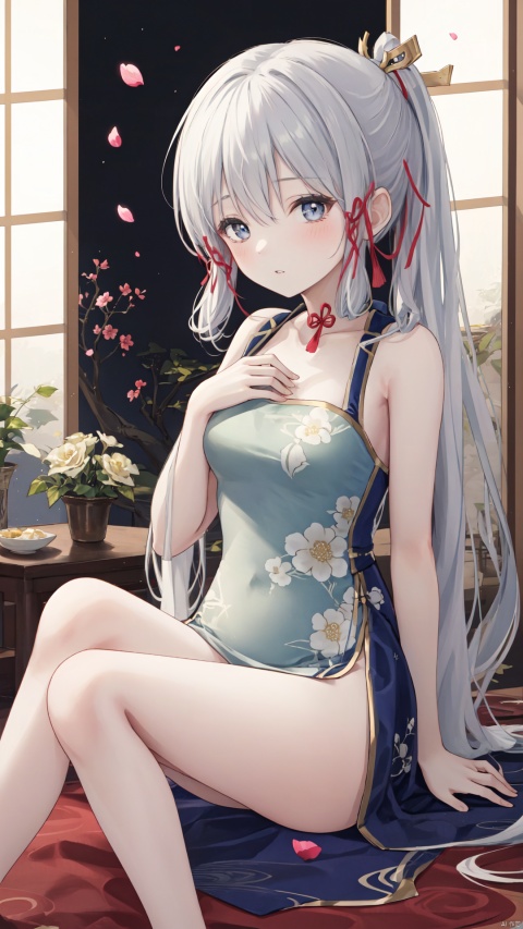  1girl, solo, dress, long hair, china dress, looking at viewer, chinese clothes, sleeveless, between legs, sitting, sleeveless dress, hair ornament, white dress, breasts, hand between legs, thighs, bare arms, pelvic curtain, bare shoulders, side slit, parted lips, hand on own chest, very long hair, petals, bangs, ribbonindoors, red ribbon, print dress, window, night, blush, lantern, hand up, flower knot, medium breasts, lattice, hair between eyes, bare legs, sidelocks, bow, floral print, hair ribbon, collarbone, hanfu