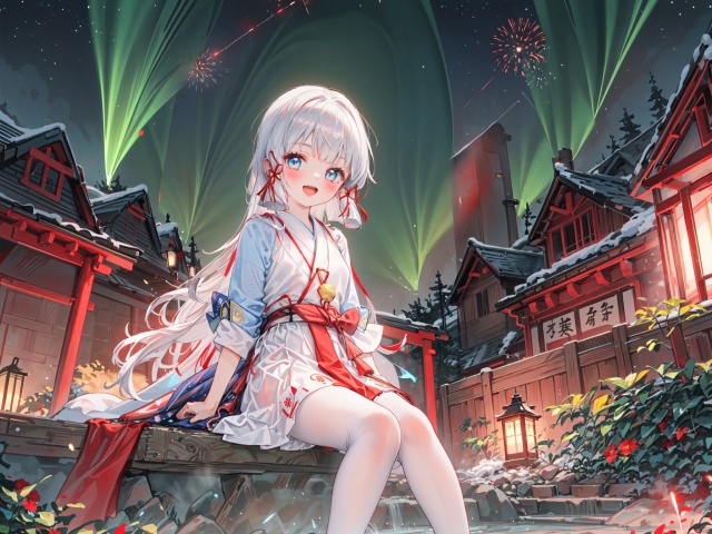  1girl, aerial_fireworks, aurora, bare_tree, city_lights, constellation, covering, covering_crotch, crescent_moon, dust, earth_\(planet\), fireflies, fireworks, full_moon, galaxy, lamppost, light_particles, long_hair, looking_at_viewer, milky_way, moon, moonlight, night, night_sky, onsen, outdoors, pine_tree, planet, shooting_star, sitting, sky, snow, snowing, solo, space, star_\(sky\), star_\(symbol\), starry_background, starry_sky, starry_sky_print, tanabata, tanzaku, tree, v_arms, window, winter, kamisato ayaka,blue eyes,(red hanfu:1.4),The dazzling starry sky,(Beautiful Fireworks:1.3),open mouth,A happy smile,Look at the sky,(New Year Style),(White pantyhose),(red dress)
