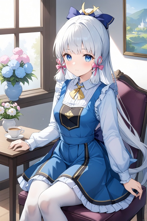  (masterpiece), (best quality), illustration, ultra detailed, hdr, Depth of field, (colorful), alice margatroid,1girl,solo,long hair,white hair,white pantyhose,sitting,hairband,looking at viewer,pantyhose,indoors,dress,shirt,frills,long sleeves,bangs,book,white shirt,blush,flower,very long hair,lamp,bow,blue eyes,feet out of frame,blue dress,ribbon,blue bow,holding,chair,skirt,bowtie,blue skirt,neck ribbon,puffy sleeves,closed mouth,picture frame,painting (object),couch,collared shirt,cup,frilled dress,picture (object),pinafore dress,
Kamisato Ayaka,