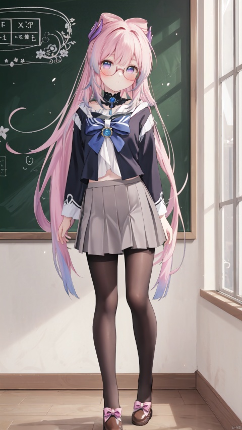 Masterpiece,CG,best,masterpiece,high definition display,1girl,solo, long hair,indoors,full body,looking at viewer,Pink long hair,Hair tips are slightly blue,Beautiful purple eyes,
blush,lace,sssr,Anime,Translucent glasses,Black hip wrap skirt,In the classroom,Standing in front of the blackboard, Hands akimbo