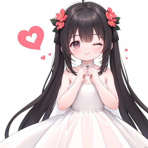  best quality,1girl, ahoge, bangs, blush, heart, heart background, smile, solo, spoken heart, virtual youtuber, (((white background,simple background:1.25))),black hair

((one eyes closed:1.3)),((Hands to heart ratio:1.25)),(Wedding Dress:1.2)

