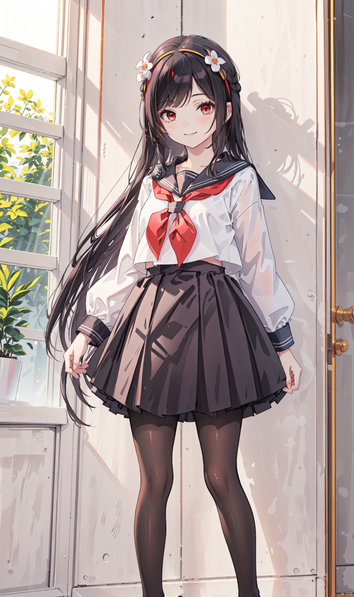  Flower headband,The white flowers on the clothes,ruffled,sides up,ndoor,clavicle,A happy smile,mature women,Age of 25,red eyes,long hair,very long hair,

(Sailor uniform:1.2),(black pantyhose)