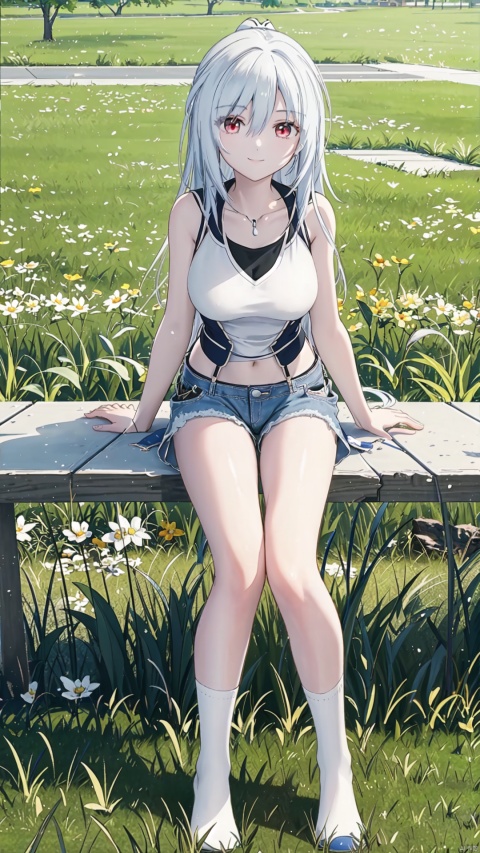  Masterpiece,CG,best,masterpiece,high definition display,1girl, Highest quality,HD quality,8k,3D rendering,Live-action painting style,Masterpieces

Beautiful long white hair,White and red eyes with frost
Anime, jingliu,
(Wearing white stockings:1.0),
Bright Sunshine,Standing on a pile of gravel,A Clear Sky,(A happy smile:1.2),
(Wearing denim shorts:1.0),(Wearing a white vest:1.0)

(sit on the grass:1.2)