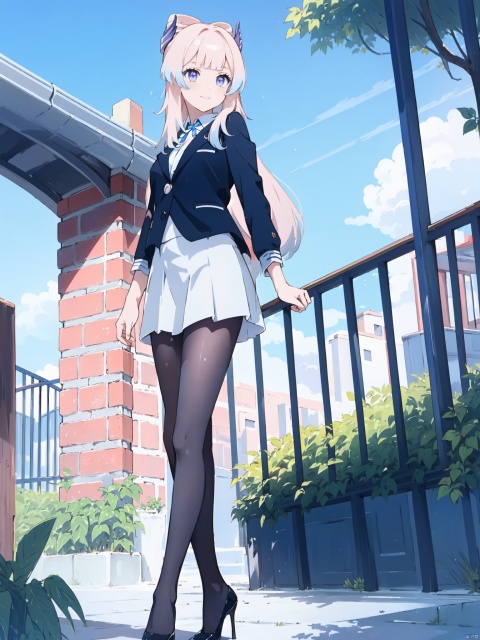  Fisheye perspective, looking from bottom to top, face looking towards the viewer,,1gril, smile,business attire, black suit jacket, white collared shirt, short skirt, pantyhose, high heels, serious expression, outdoor, blue sky and white clouds, trees, plants, high definition, 8k resolution, complex background, light makeup, Shoulder-length straight hair, minimalist jewelry, neat lines and clear details, and a powerful posture, showing a strong aura., hand101, tutututu,black_pantyhose, long hair,very long hair,purple eyes,Sangonomiya Kokomi