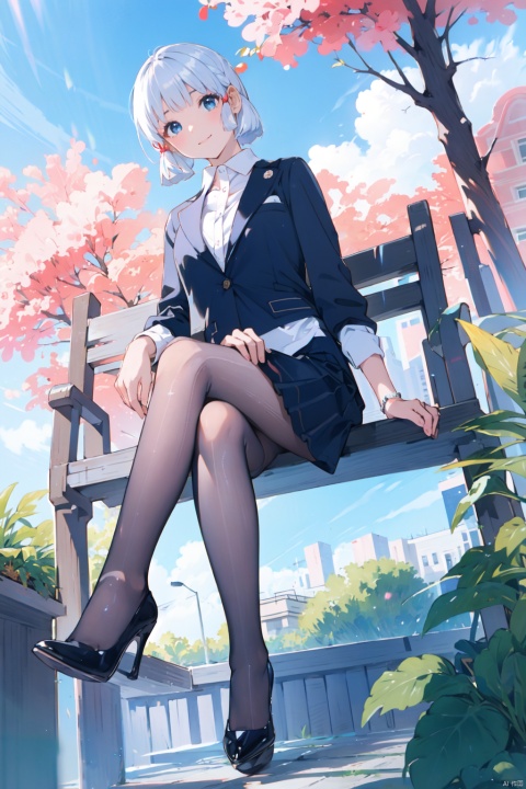  Fisheye perspective, looking from bottom to top, face looking towards the viewer,,1gril, smile,business attire, black suit jacket, white collared shirt, short skirt, pantyhose, high heels, serious expression, outdoor, blue sky and white clouds, trees, plants, focused eyes, high definition, 8k resolution, complex background, light makeup, Shoulder-length straight hair, minimalist jewelry, neat lines and clear details, and a powerful posture, showing a strong aura., hand101, tutututu,black_pantyhose, kamisato ayaka