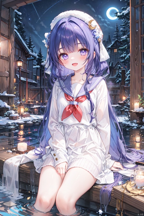  1girl, aerial_fireworks, aurora, bare_tree, city_lights, constellation, covering, covering_crotch, crescent_moon, dust, earth_\(planet\), fireflies, fireworks, full_moon, galaxy, lamppost, light_particles, long_hair, looking_at_viewer, milky_way, moon, moonlight, night, night_sky, onsen, outdoors, pine_tree, planet, shooting_star, sitting, sky, snow, snowing, solo, space, star_\(sky\), star_\(symbol\), starry_background, starry_sky, starry_sky_print, tanabata, tanzaku, tree, v_arms, window, winter, A happy smile,open mouth,purple eyes,(sailor suit:1.2)
