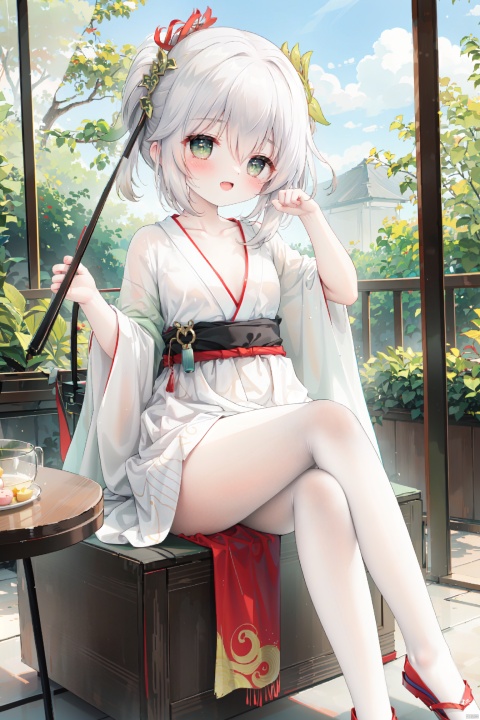  best quality,1girl, solo,(((hanfu,hanfu dress,Collarbone,Microparix))),smug,open mouth,Hand to mouth,no shoes, sitting, eyes, ascot, smile,looking at viewer,blush, fang,hair between eyes, chair, crossed legs, bangs,ribbon, soles, eyes visible through hair, foot focus, backlight, amazing quality, best quality, amazing quality,very aesthetic, amazing quality,streetwardrambler, white pantyhose