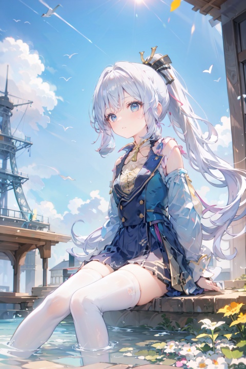  1girl, aircraft, bird, blonde_hair, building, detached_sleeves, long_hair, outdoors, ponytail, ship, sitting, sky, solo, sun, thighhighs, tower, watercraft