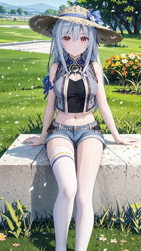  Masterpiece,CG,best,masterpiece,high definition display,1girl, Highest quality,HD quality,8k,3D rendering,Live-action painting style,Masterpieces

Beautiful long white hair,White and red eyes with frost
Anime, jingliu,
(Wearing white stockings:1.0),
Bright Sunshine,Standing on a pile of gravel,A Clear Sky,(A happy smile:1.2),
(Wearing denim shorts:1.0),(Wearing a white vest:1.0)

(sit on the grass:1.2),(Wearing a sunshade hat:1.0)