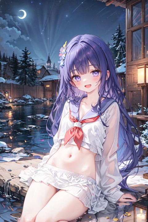  1girl, aerial_fireworks, aurora, bare_tree, city_lights, constellation, covering, covering_crotch, crescent_moon, dust, earth_\(planet\), fireflies, fireworks, full_moon, galaxy, lamppost, light_particles, long_hair, looking_at_viewer, milky_way, moon, moonlight, night, night_sky, onsen, outdoors, pine_tree, planet, shooting_star, sitting, sky, snow, snowing, solo, space, star_\(sky\), star_\(symbol\), starry_background, starry_sky, starry_sky_print, tanabata, tanzaku, tree, v_arms, window, winter, A happy smile,open mouth,purple eyes,(sailor suit:1.2),clavicle,navel,Cleavage of breast,Expose shoulders