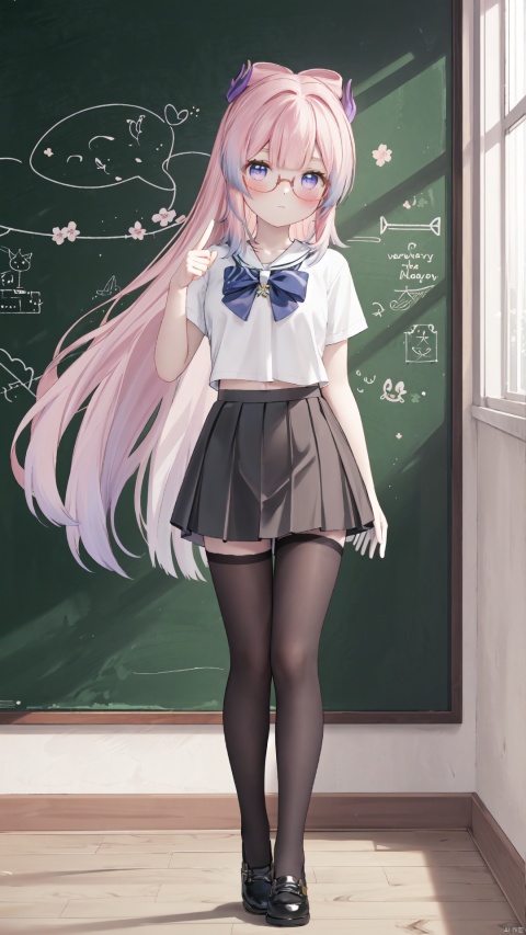  Masterpiece,CG,best,masterpiece,high definition display,1girl,solo, long hair,indoors,full body,looking at viewer,Pink long hair,Hair tips are slightly blue,Beautiful purple eyes,
blush,lace,sssr,Anime,Translucent glasses,Black hip wrap skirt,In the classroom,Standing in front of the blackboard, with one finger pointing towards the blackboard