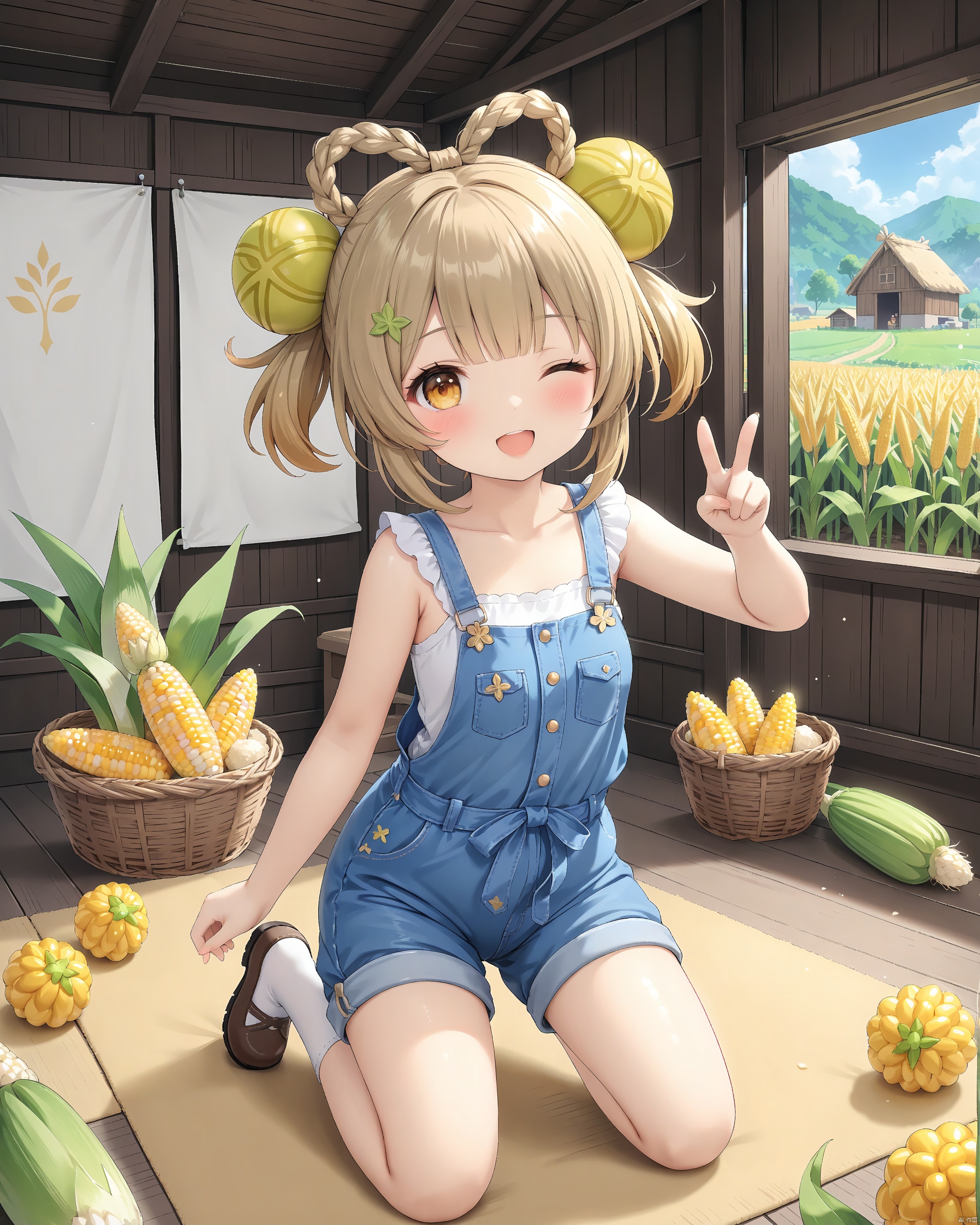 masterpiece,best quality,high quality,(colorful),1girl, solo, petite,small breast,small head, :) ,looking at viewer, blush,masterpiece,bestquality, cuteloliface,
yaoyao (genshin impact),
PVC, onnk,
Stand,Farm,Corn heaps,A straw house
smile,open_mouth,
(Denim overalls:1.4),closed one eye,Fingers pointing forward,kneeling

