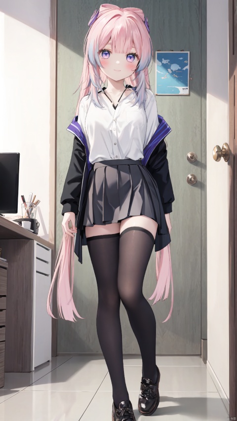  Masterpiece,CG,best,masterpiece,high definition display,1girl,solo, long hair,indoors,full body,looking at viewer,Pink long hair,Hair tips are slightly blue,Beautiful purple eyes,
blush,lace,sssr,Anime,Black hip wrap skirt,In the office,Black suit top,Black hip wrap skirt,White shirt,A gentle smile