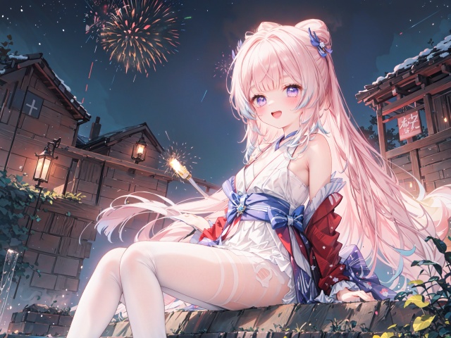  1girl, aerial_fireworks, aurora, bare_tree, city_lights, constellation, covering, covering_crotch, crescent_moon, dust, earth_\(planet\), fireflies, fireworks, full_moon, galaxy, lamppost, light_particles, long_hair, looking_at_viewer, milky_way, moon, moonlight, night, night_sky, onsen, outdoors, pine_tree, planet, shooting_star, sitting, sky, snow, snowing, solo, space, star_\(sky\), star_\(symbol\), starry_background, starry_sky, starry_sky_print, tanabata, tanzaku, tree, v_arms, window, winter, purple eyes,(hanfu),The dazzling starry sky,(Beautiful Fireworks:1.3),open mouth,A happy smile,Look at the sky,(New Year Style),(White pantyhose),(red dress)