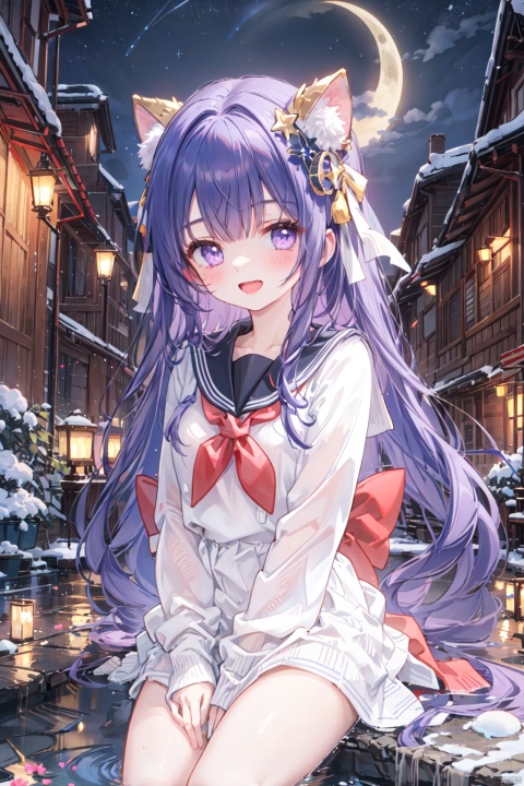  1girl, aerial_fireworks, aurora, bare_tree, city_lights, constellation, covering, covering_crotch, crescent_moon, dust, earth_\(planet\), fireflies, fireworks, full_moon, galaxy, lamppost, light_particles, long_hair, looking_at_viewer, milky_way, moon, moonlight, night, night_sky, onsen, outdoors, pine_tree, planet, shooting_star, sitting, sky, snow, snowing, solo, space, star_\(sky\), star_\(symbol\), starry_background, starry_sky, starry_sky_print, tanabata, tanzaku, tree, v_arms, window, winter, A happy smile,open mouth,purple eyes,(sailor suit:1.2)