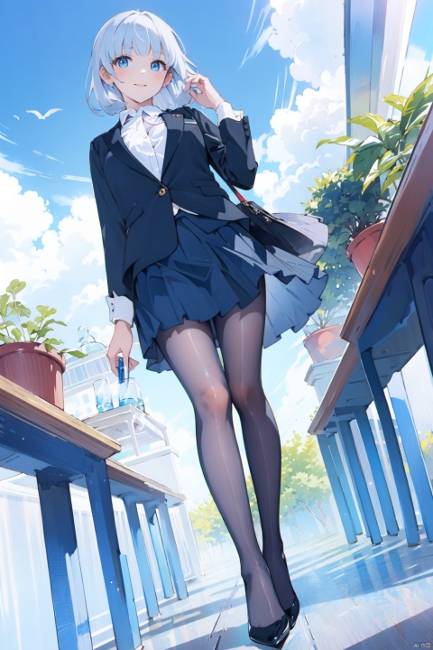  Fisheye perspective, looking from bottom to top, face looking towards the viewer,,1gril, smile,business attire, black suit jacket, white collared shirt, short skirt, pantyhose, high heels, serious expression, outdoor, blue sky and white clouds, trees, plants, focused eyes, high definition, 8k resolution, complex background, light makeup, Shoulder-length straight hair, minimalist jewelry, neat lines and clear details, and a powerful posture, showing a strong aura., hand101, tutututu,black_pantyhose, kamisato ayaka