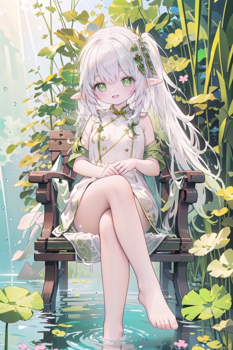  (sunlight, beautiful sky, floating hair, dynamic angle, distant view, panorama ,overlook,barefoot), (short sleeves),Qiu Ying's painting style, And high end color matching, ((A beautiful girl sitting on a bamboo raft in the water, swimming downstream, Huge lotus, rain, (bright light,fantasy), ((spotted light)),1 girl, ((shy, blush)),white hair,green eyes,((Clover pupil:1.3)),loli,(crossed legs), open mouth,A happy smile,Elf Ears,Jade feet,Five toes

(Chinese cheongsam:1.2),
