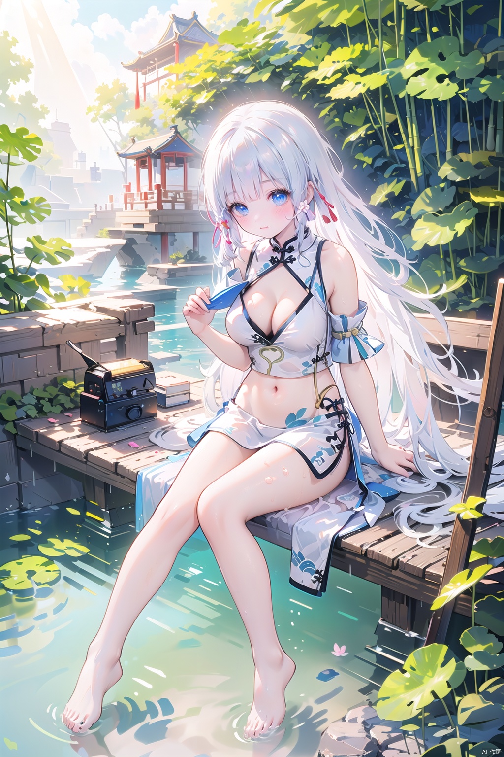  (sunlight, beautiful sky, floating hair, Fisheye lens lens, dynamic angle, distant view, panorama ,overlook,barefoot), ((Ancient_Chinese_architecture)), (short sleeves),Qiu Ying's painting style, And high end color matching, ((A beautiful girl sitting on a bamboo raft in the water, swimming downstream, Huge lotus, rain, (full body), (bright light,fantasy), ((spotted light)),1 girl, ((shy, blush)),white hair,blue eyes,

(Chinese cheongsam:1.2),
clavicle,navel,Cleavage of breast,Expose shoulders