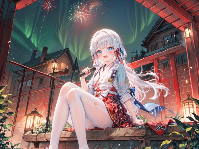  1girl, aerial_fireworks, aurora, bare_tree, city_lights, constellation, covering, covering_crotch, crescent_moon, dust, earth_\(planet\), fireflies, fireworks, full_moon, galaxy, lamppost, light_particles, long_hair, looking_at_viewer, milky_way, moon, moonlight, night, night_sky, onsen, outdoors, pine_tree, planet, shooting_star, sitting, sky, snow, snowing, solo, space, star_\(sky\), star_\(symbol\), starry_background, starry_sky, starry_sky_print, tanabata, tanzaku, tree, v_arms, window, winter, kamisato ayaka,blue eyes,(red hanfu:1.4),The dazzling starry sky,(Beautiful Fireworks:1.3),open mouth,A happy smile,Look at the sky,(New Year Style),(White pantyhose),(red dress)