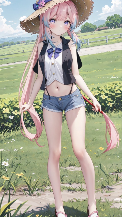  Masterpiece,CG,best,masterpiece,high definition display,1girl,solo, long hair,full body,looking at viewer,Pink long hair,Hair tips are slightly blue,Beautiful purple eyes,
blush,lace,sssr,Anime,Double ponytail braid,Cool vest,Denim shorts,on the field,Wearing a large straw hat on the head,outdoor