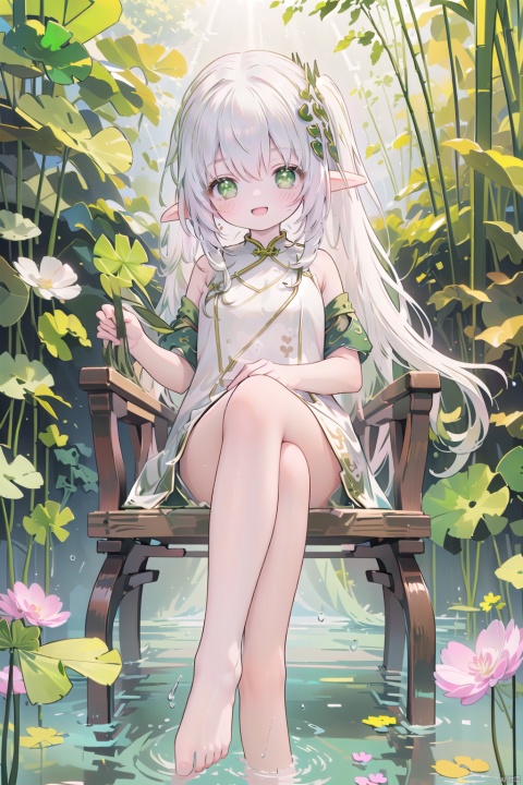  (sunlight, beautiful sky, floating hair, dynamic angle, distant view, panorama ,overlook,barefoot), (short sleeves),Qiu Ying's painting style, And high end color matching, ((A beautiful girl sitting on a bamboo raft in the water, swimming downstream, Huge lotus, rain, (bright light,fantasy), ((spotted light)),1 girl, ((shy, blush)),white hair,green eyes,((Clover pupil:1.3)),loli,(crossed legs), open mouth,A happy smile,Elf Ears,Jade feet,Five toes

(Chinese cheongsam:1.2),
