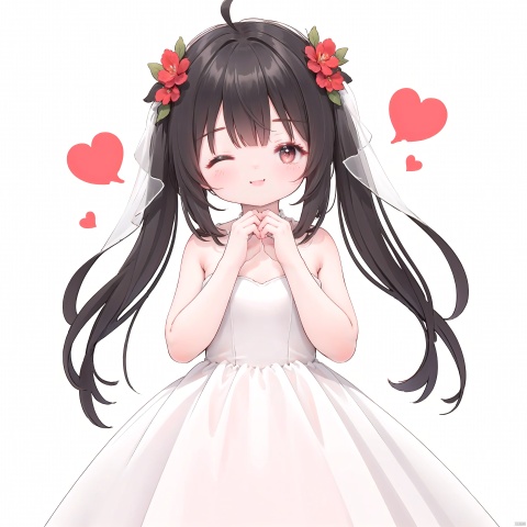  best quality,1girl, ahoge, bangs, blush, heart, heart background, smile, solo, spoken heart, virtual youtuber, (((white background,simple background:1.25))),black hair

((one eyes closed:1.3)),((Hands to heart ratio:1.25)),(Wedding Dress:1.2)
