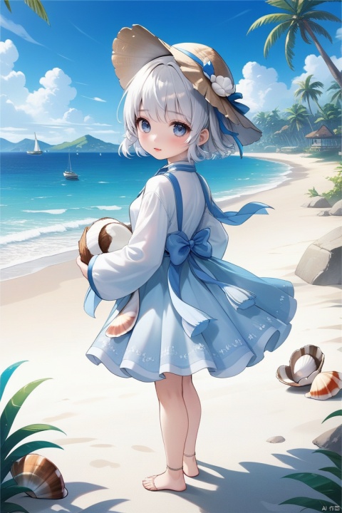  (Girlish body type), (masterpiece), (best quality), Exquisite visuals, high-definition, (ultra detailed), finely detail, ((solo)), (white Silver hair), (gradient Blue), (beautiful detailed eyes), Kawai, loveliness, ,standing, ((full body)),
a slightly shy little shell with short white hair, anthropomorphic shells,a center cut, (child:1.2), wearing a white shell outfit and a swimming ring. (((Shell clothes and hats))),The environment is next to the beach, with coconut trees and many seashells on the beach
