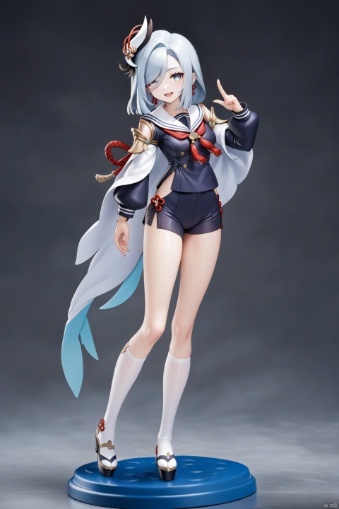  1girl,thin legs,solo,
ultra-detailed, best quality, (masterpiece),
pvc figure of, nendoroid figure of, pvc figure, tianqi,Open mouth,A Happy Smile,

shenhe genshin impact,white stockings,
(sailor suit:1.2),closed one eye,
