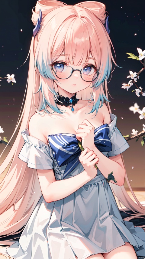  masterpiece,best quality,1girl,hanfu, solo, 
(((messy hair,collarbone,grainy,indifferent,slightly touch your hair))),
long hair,floral print, looking at viewer, off shoulder, bangs, sblush, branch, closed mouth, small breasts, hair flower, cherry blossoms, cuteloli, kokomidef,（Nurse uniform）,In the health room,Wearing round framed glasses,Keep your mouth open